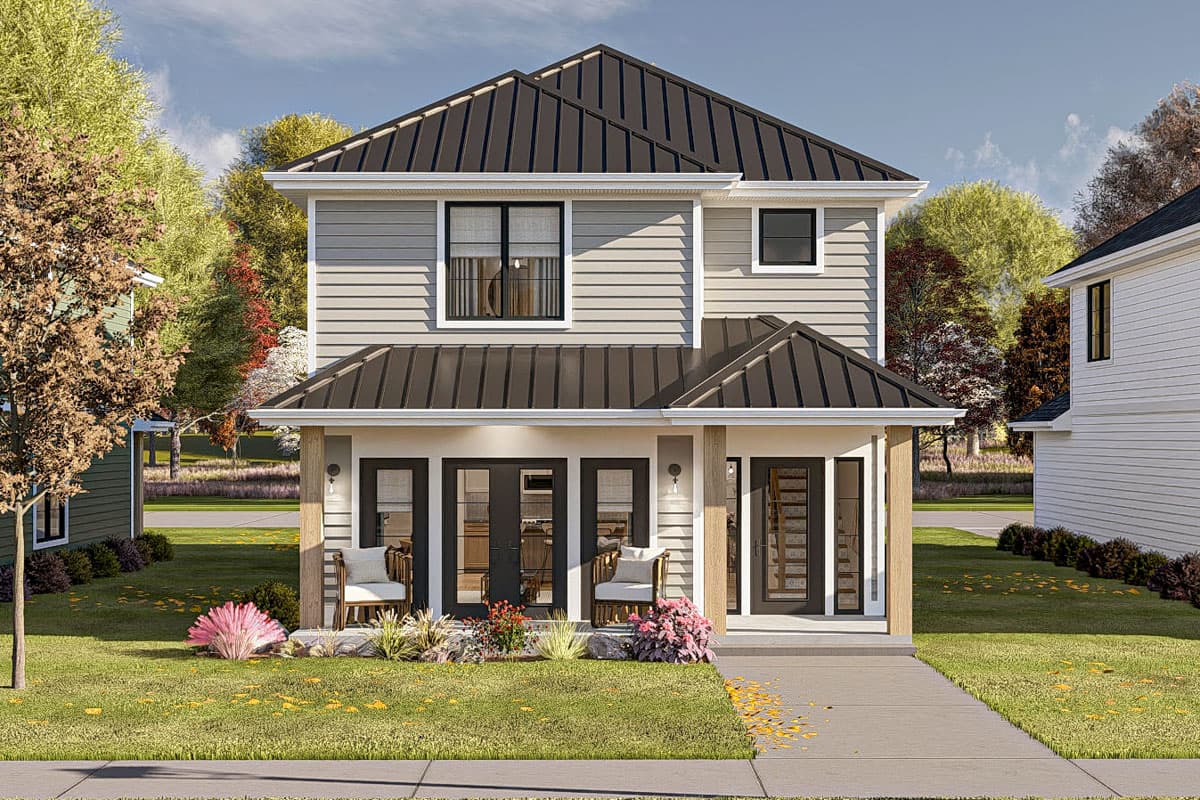 House plan exterior featuring a two-story design with a metal roof and a covered porch. Black window frames and wood columns are visible.