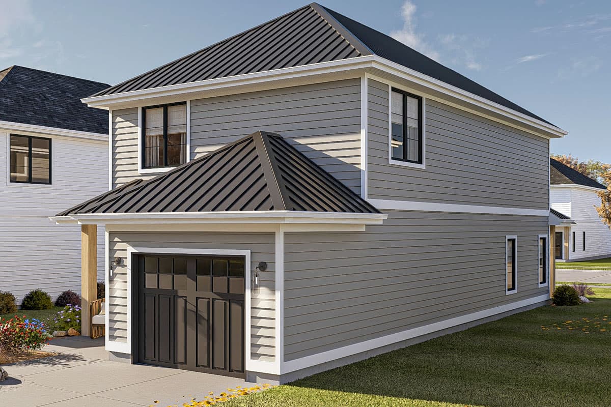 Two-story house plan exterior with gray lap siding, dark metal gable roof, and attached two-car garage.