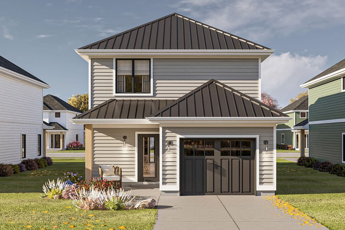 House plan exterior: Two-story home with a metal gable roof, attached garage, and horizontal siding.