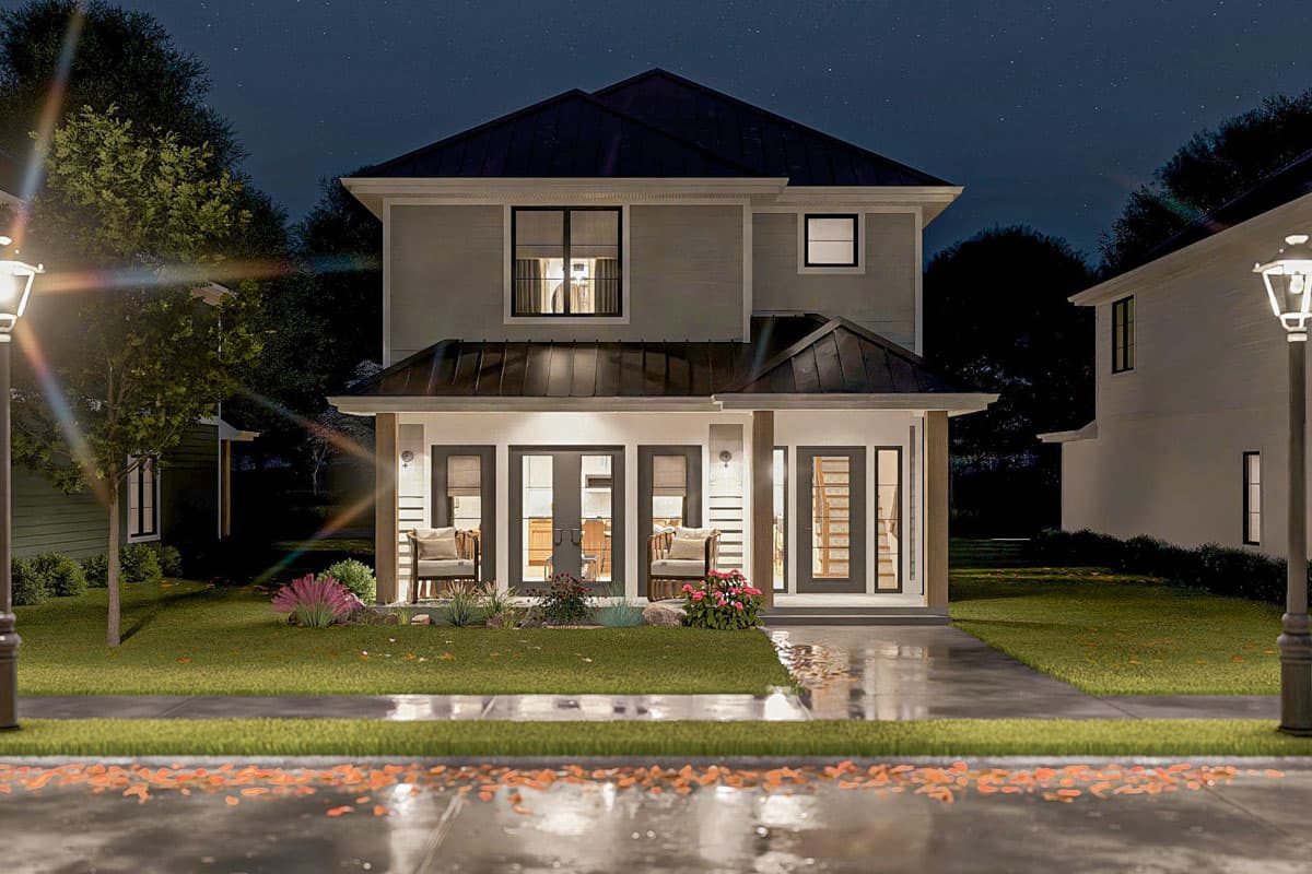 Two-story Modern Farmhouse exterior with a prominent hip roof, covered porch with double doors and large windows, and multiple gables.