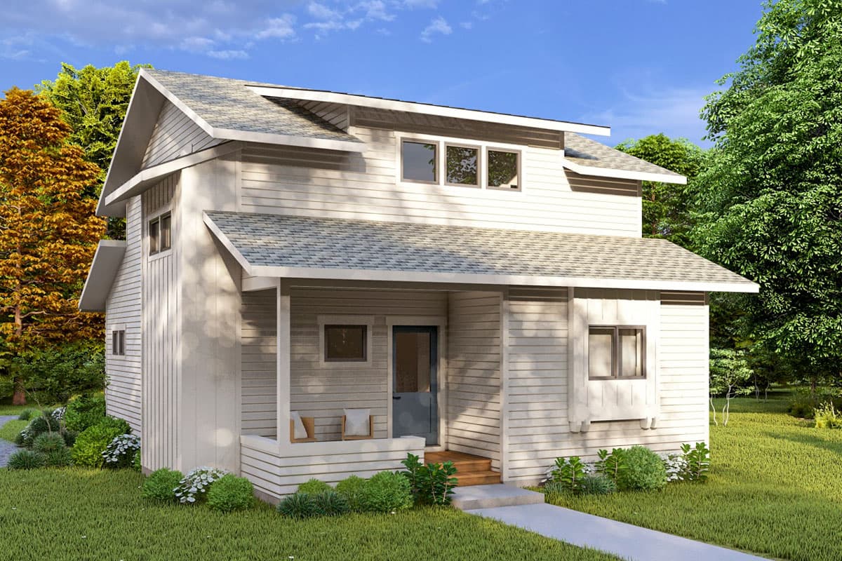 House plan exterior with two stories, a gabled roof, dormers, and a covered porch. Siding is vertical and horizontal. Landscaping is in foreground.