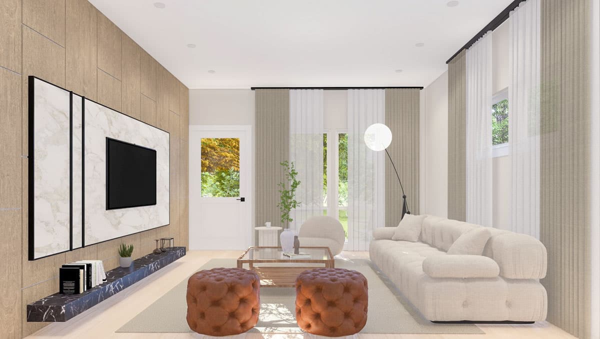 Living room with wood-paneled accent wall, large sectional sofa, tufted ottomans, and a marble-accented media console.