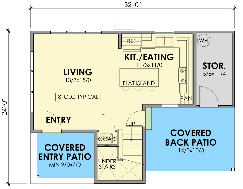 Plan 470305REY: Two Story Modern Farmhouse Cottage Plan with 2-beds upstairs - 879 Sq Ft - Floor Plan - Main Level - Cottage, Modern Farmhouse, New American, Transitional