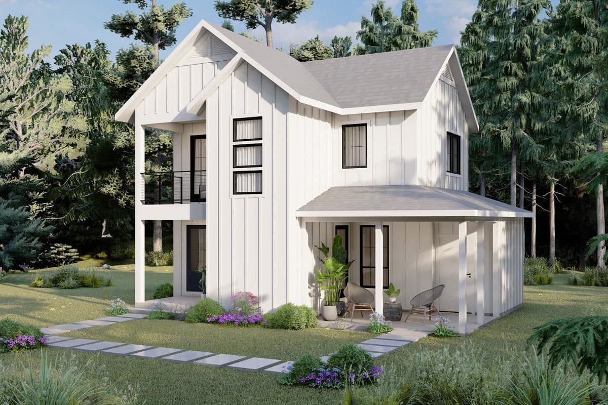 Modern Farmhouse house plan exterior, two stories, white vertical siding, gable roof, covered porch, second-story balcony.