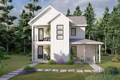 Two Story Modern Farmhouse Cottage Plan with 2-beds upstairs - 879 Sq Ft