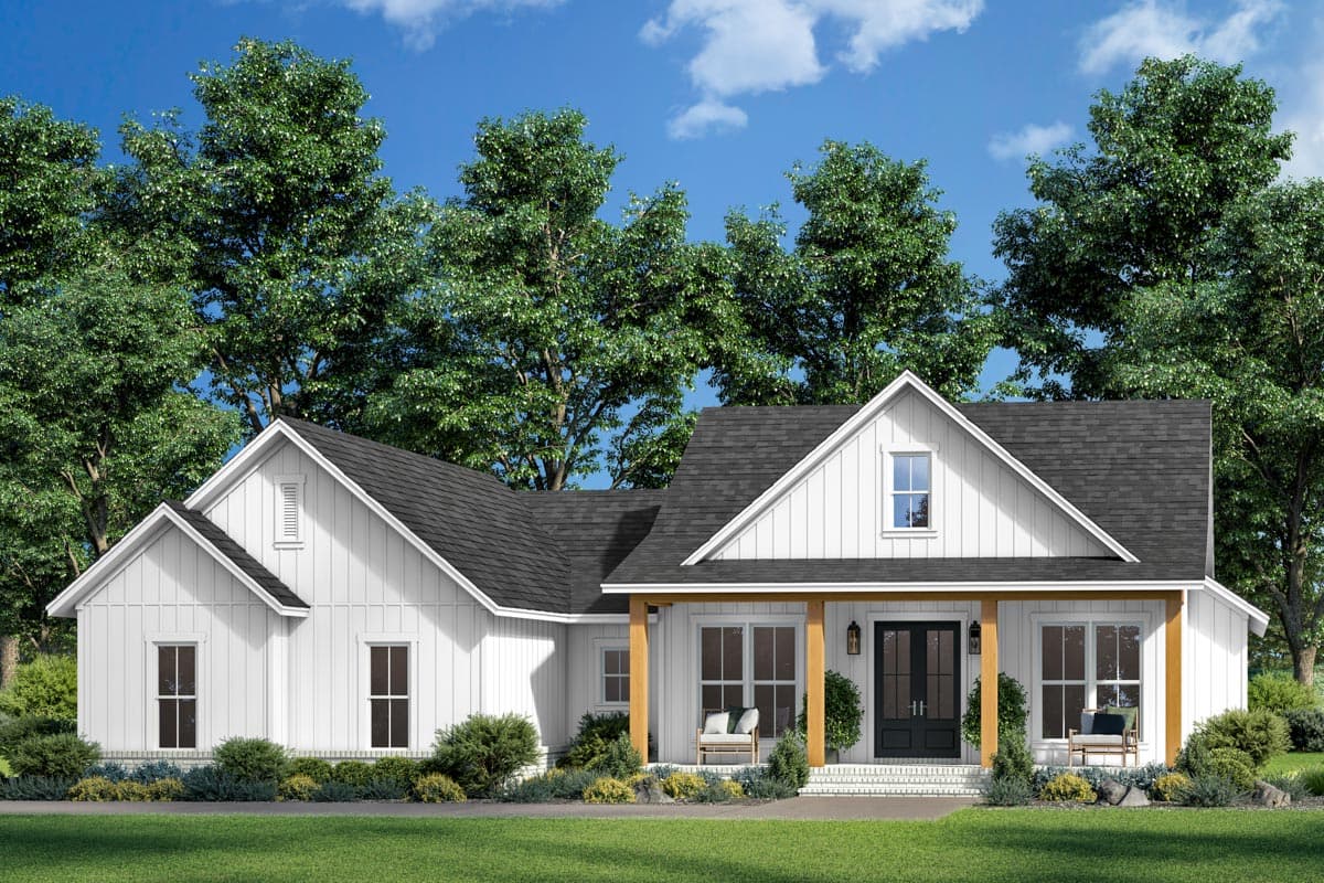 Modern Farmhouse style house plan exterior with board and batten siding, a gabled roof, and a covered front porch with timber supports.