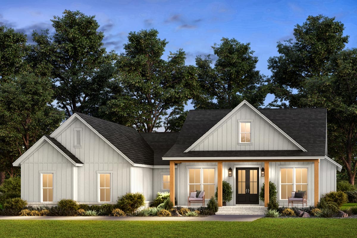 House plan exterior. Modern Farmhouse style with a gabled roof, a front porch with timber supports, and multiple dormers.