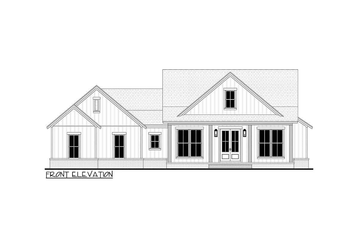 Front elevation drawing of a one-story house plan with a covered porch, double entry doors, gable dormer, and multiple windows.