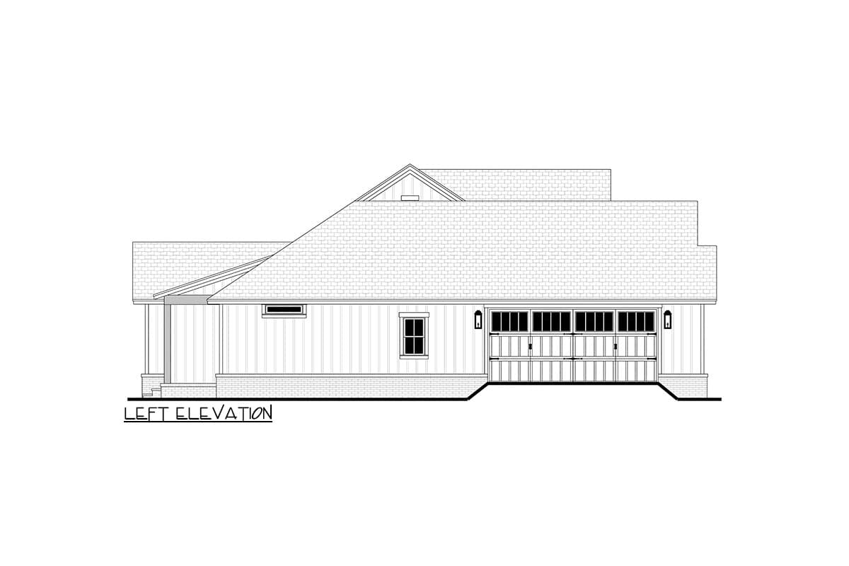 Left elevation house plan showing a low-pitched roof, wide porch, and a three-car garage.