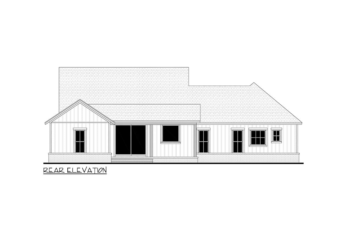 Rear elevation of a house plan featuring a prominent gable, sliding glass doors, and multiple windows.