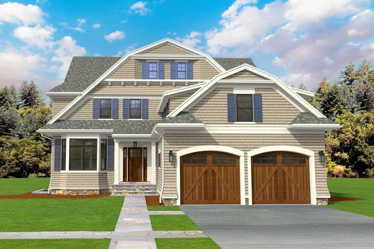 House plan exterior. Two-story home with a gabled roof, dormers, and a two-car garage. Features include wood-paneled garage doors and blue shutters.