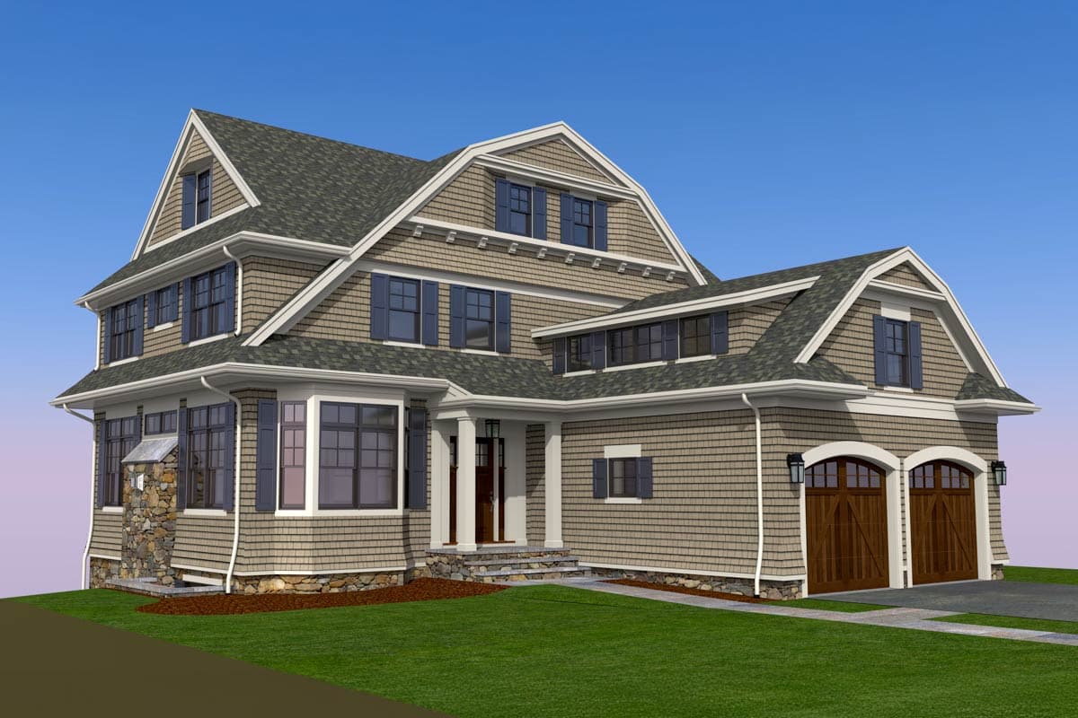 House plan exterior: Shingle-clad, three-story home with gambrel roof, dormers, bay window, and attached two-car garage.