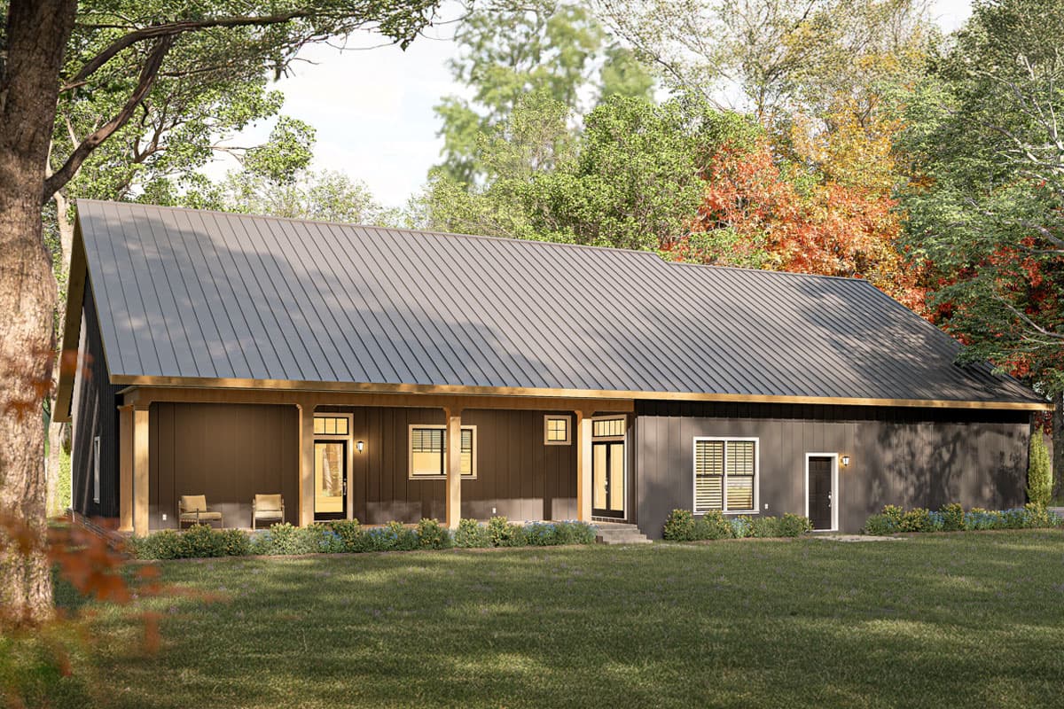 Modern Farmhouse style house plan exterior, one story, with a covered front porch, gable roof, and vertical siding.