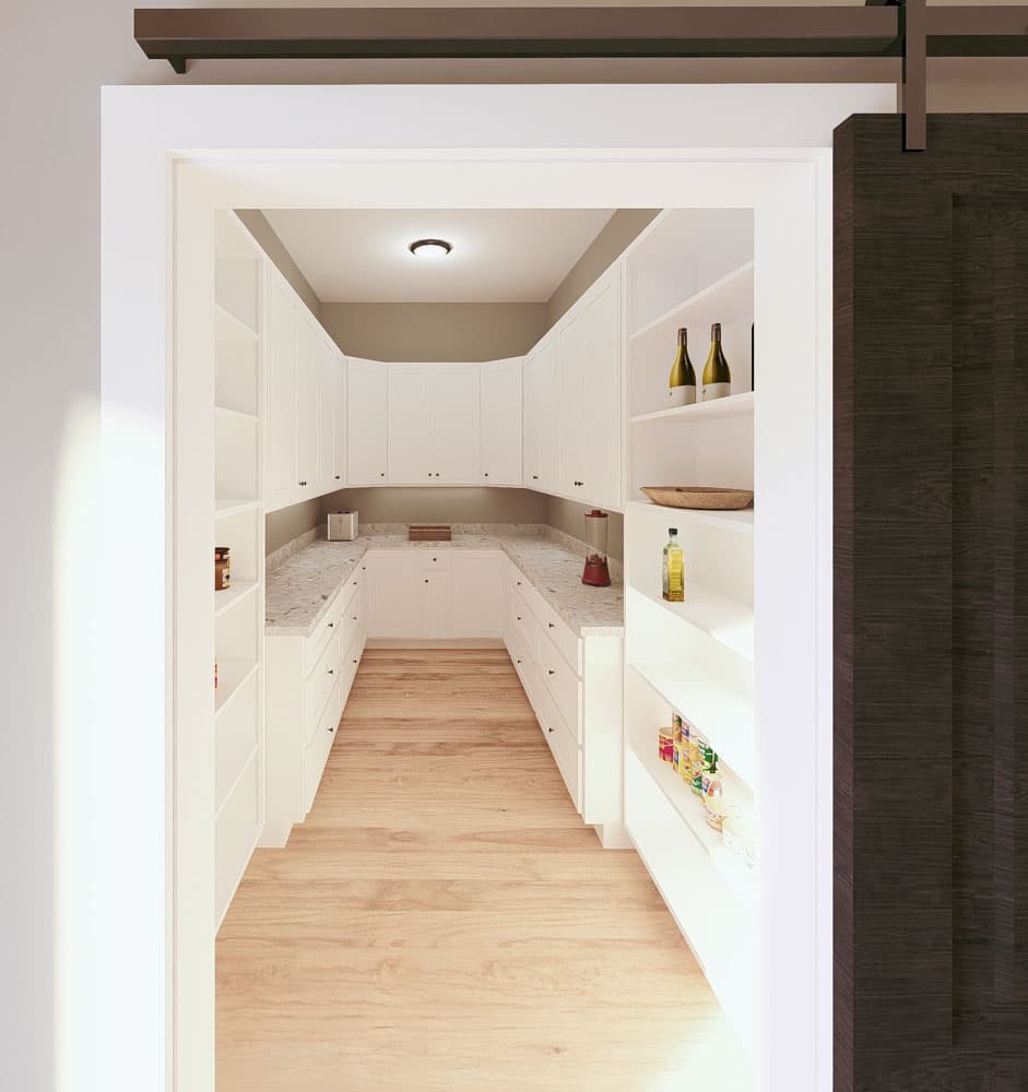 Pantry with U-shaped counter, white cabinets, granite countertops, and open shelving.