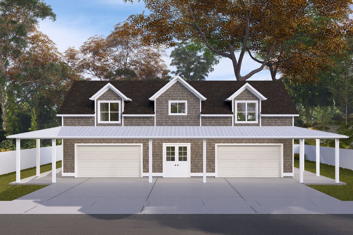 House plan exterior. Two-story with a covered carport, three dormers, and a gabled roof. Features three garage bays and a central entry door.