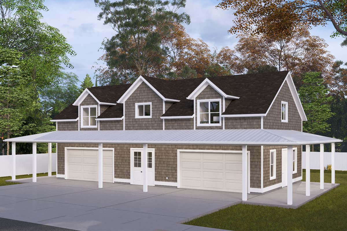 House plan exterior featuring a two-story building with multiple gables, dormers, and a continuous covered carport over two garages.