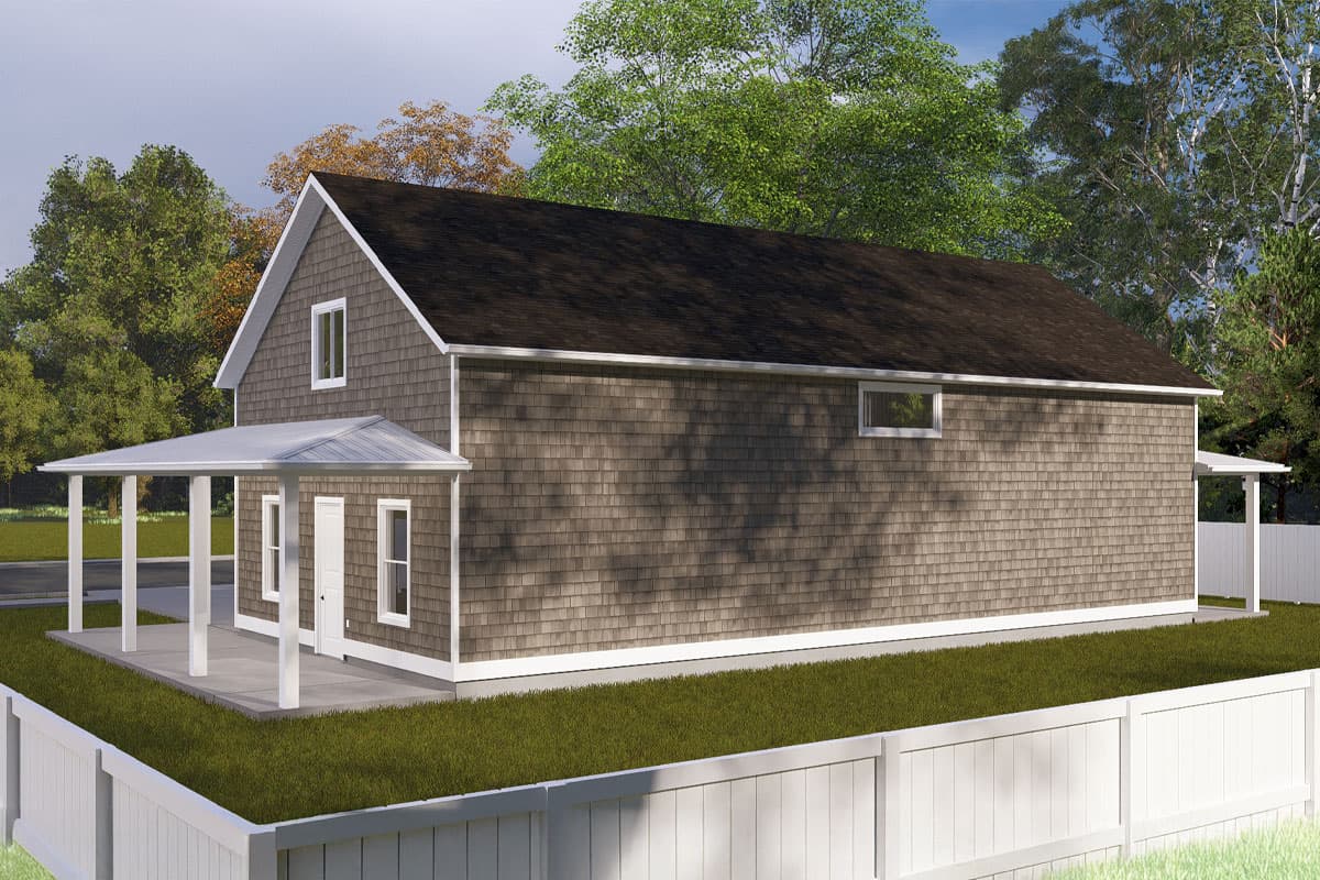 House plan exterior: two-story home with shingle siding, gabled roof, and a covered front porch with white columns.
