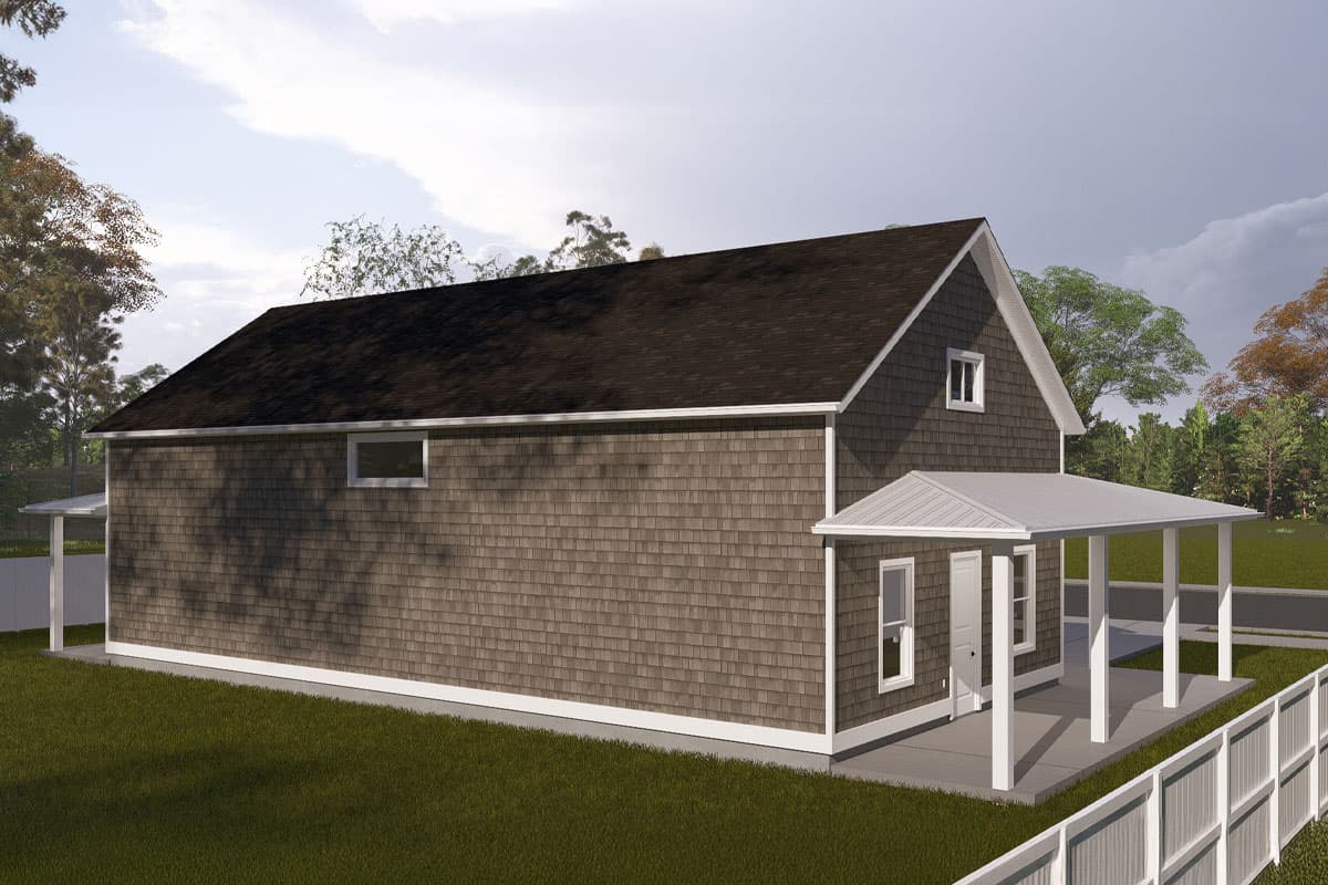 House plan exterior: Two-story modern farmhouse with shake siding, front gabled dormer, and covered porch with white columns.