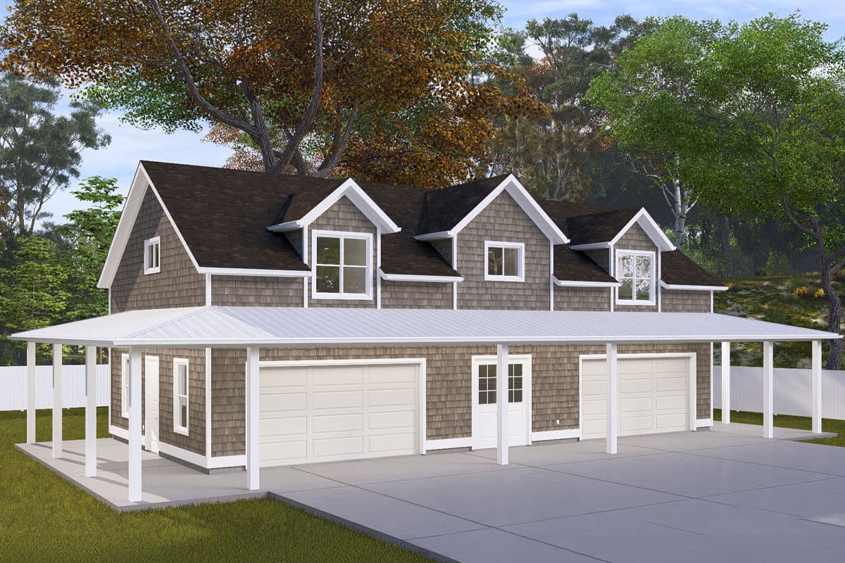 House plan exterior: Two-story, Modern Farmhouse style with shingle siding, multiple gables, dormers, and a three-car garage.