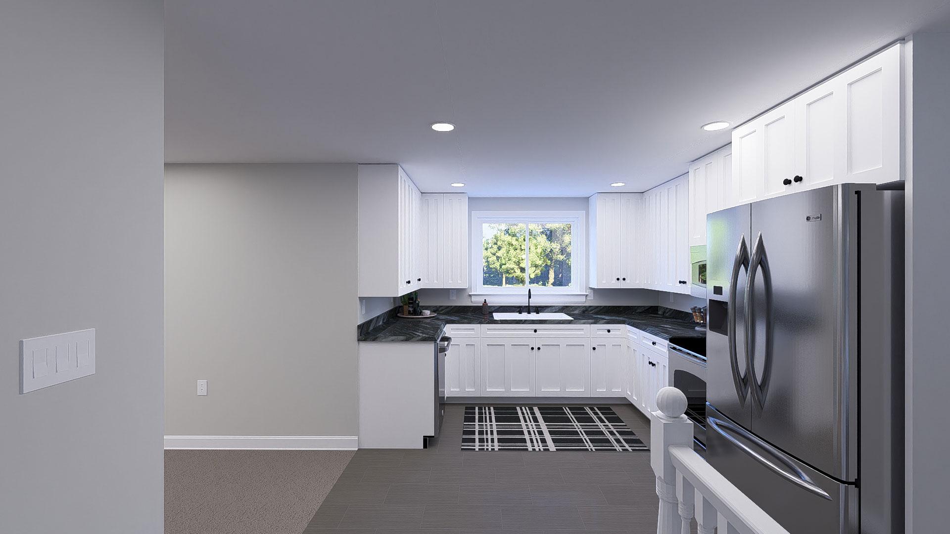 Kitchen rendering with white shaker cabinets, granite countertops, stainless steel refrigerator, and a sink below a large window.