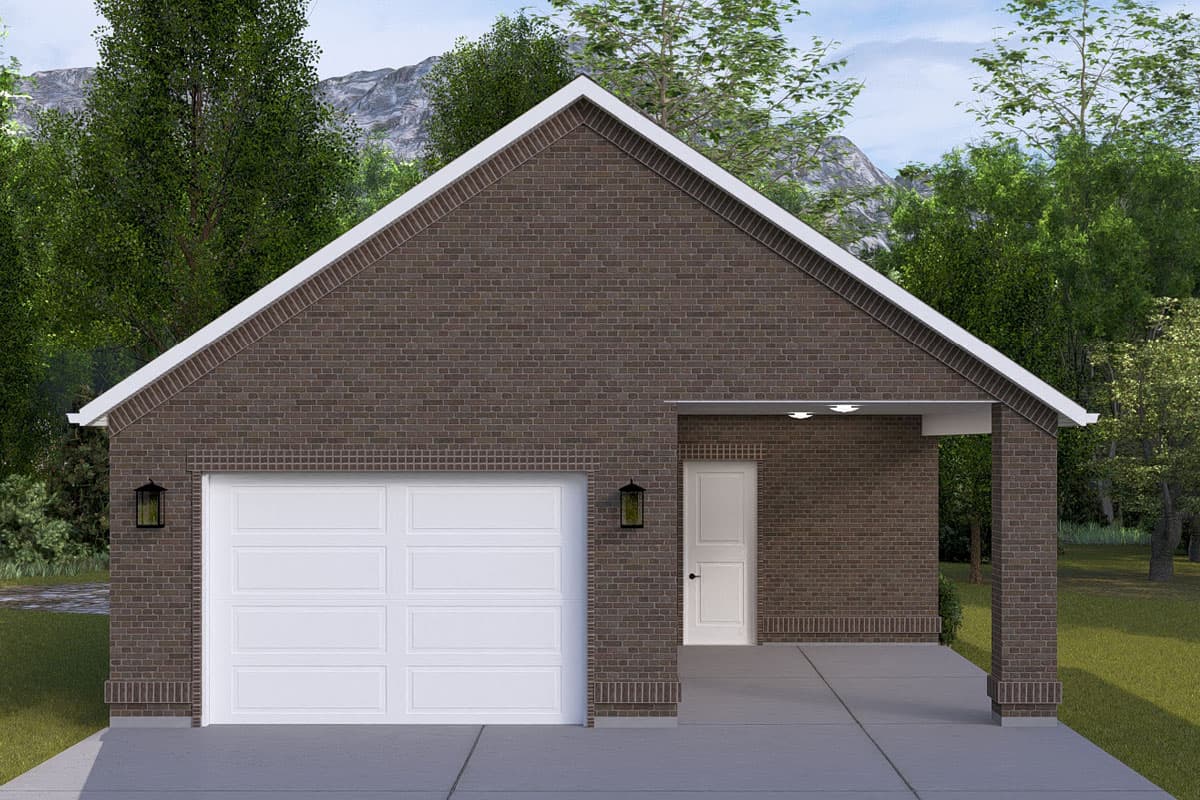 House plan exterior. One-story brick home with gable roof, attached garage, and covered porch area with recessed lighting.