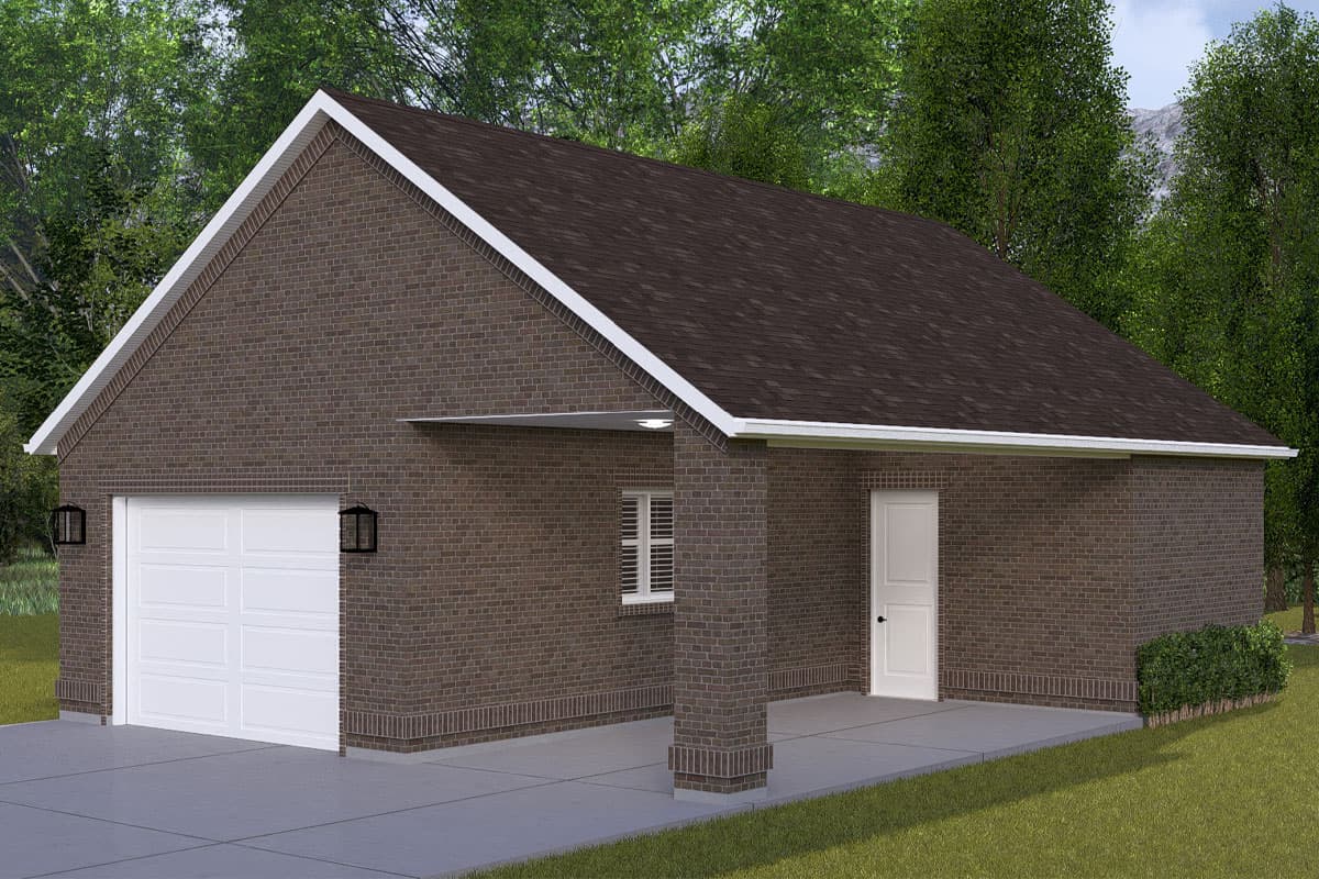 House plan exterior with dark brick, single garage door, covered entry, and pitched roof.