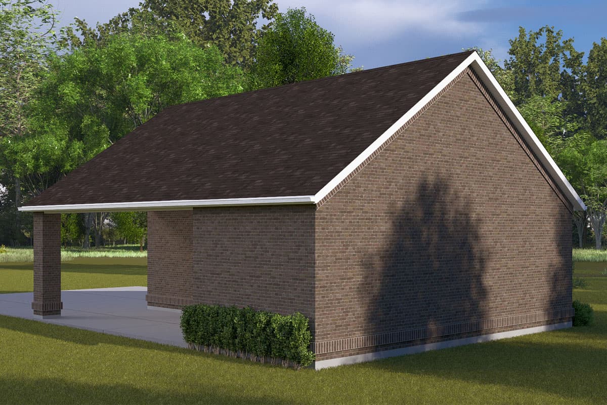 House plan exterior rendering of a one-story brick home with a covered entryway, gable roof, and dark shingles.