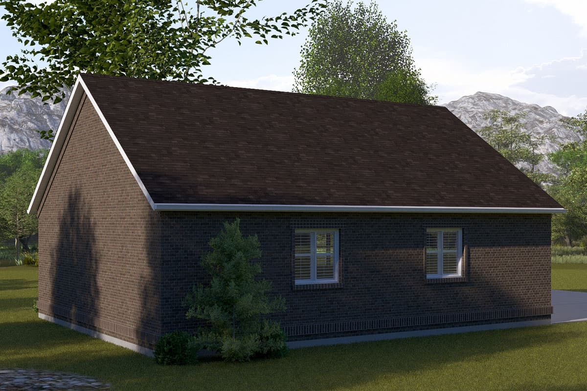 House plan exterior: single-story brick home with a gable roof, two windows, and a dark shingle roof.