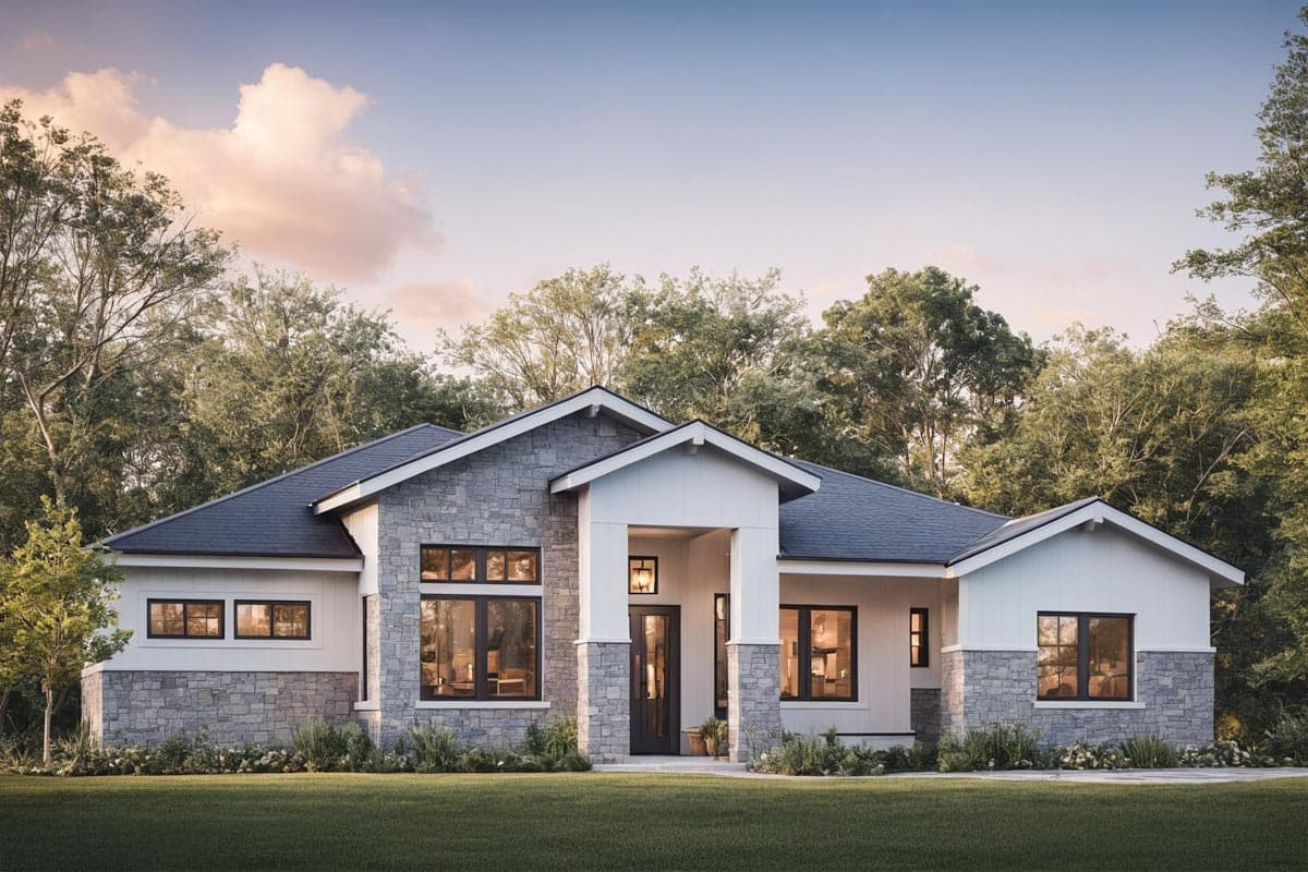 House plan exterior with stone and white siding, gabled roof, and recessed entry. Features include large windows and a covered porch.