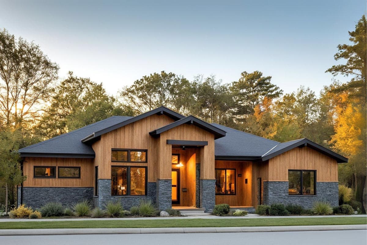 House plan exterior. Modern style, single story home with gabled roof, wood siding, and stone accents. Features include an entry porch.