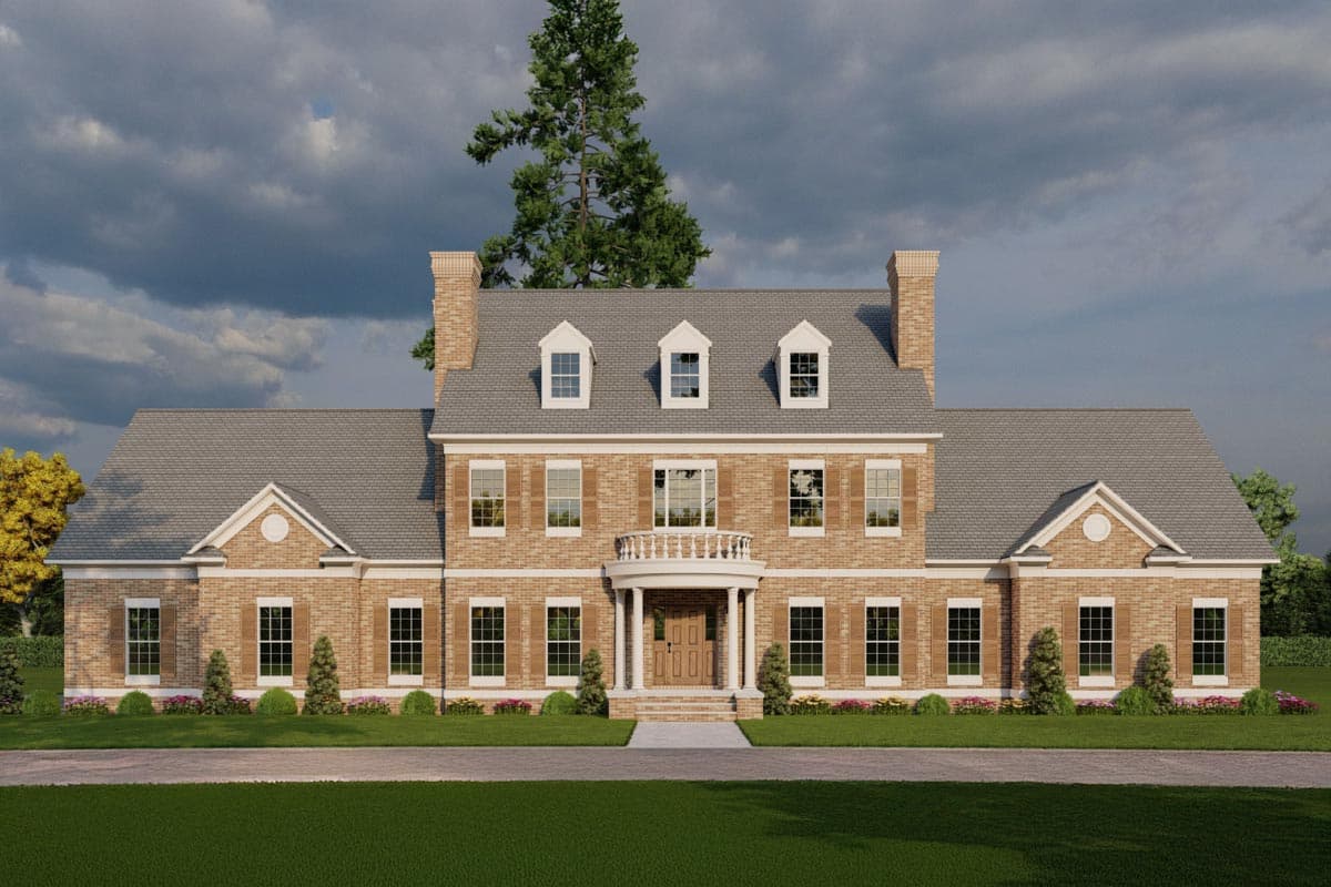 House plan exterior: two-story brick home with central portico, dormers, and gabled wings.