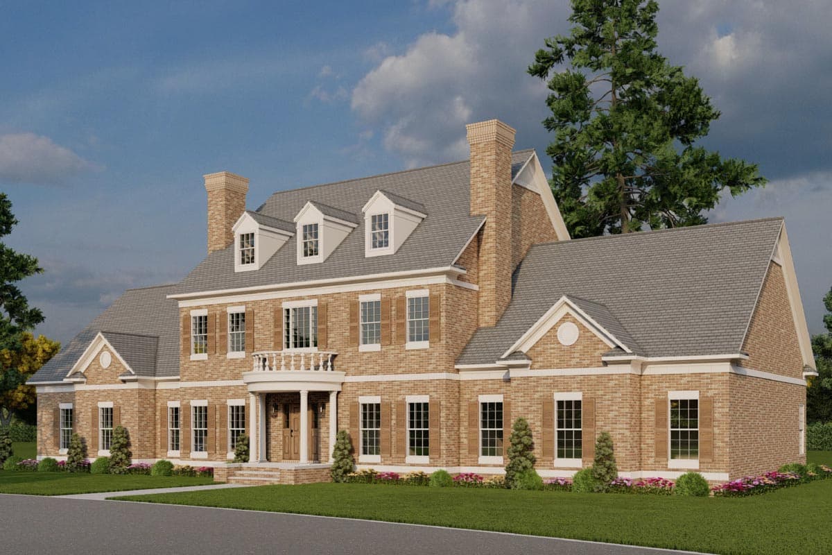 House plan exterior: Georgian-style two-story brick home with central portico, dormer windows, and twin chimneys.