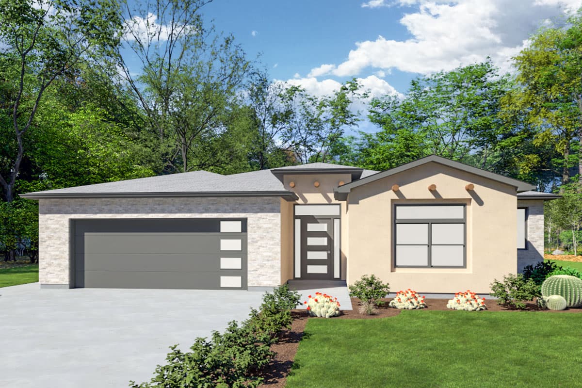 House plan exterior. Single-story, modern style. Features include a flat roof, attached garage, and a covered entry with decorative accents.