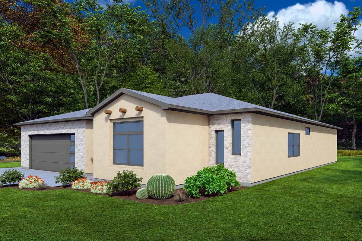 House plan exterior, single-story, stucco finish, gabled roof, side-entry garage, and stone accent walls.