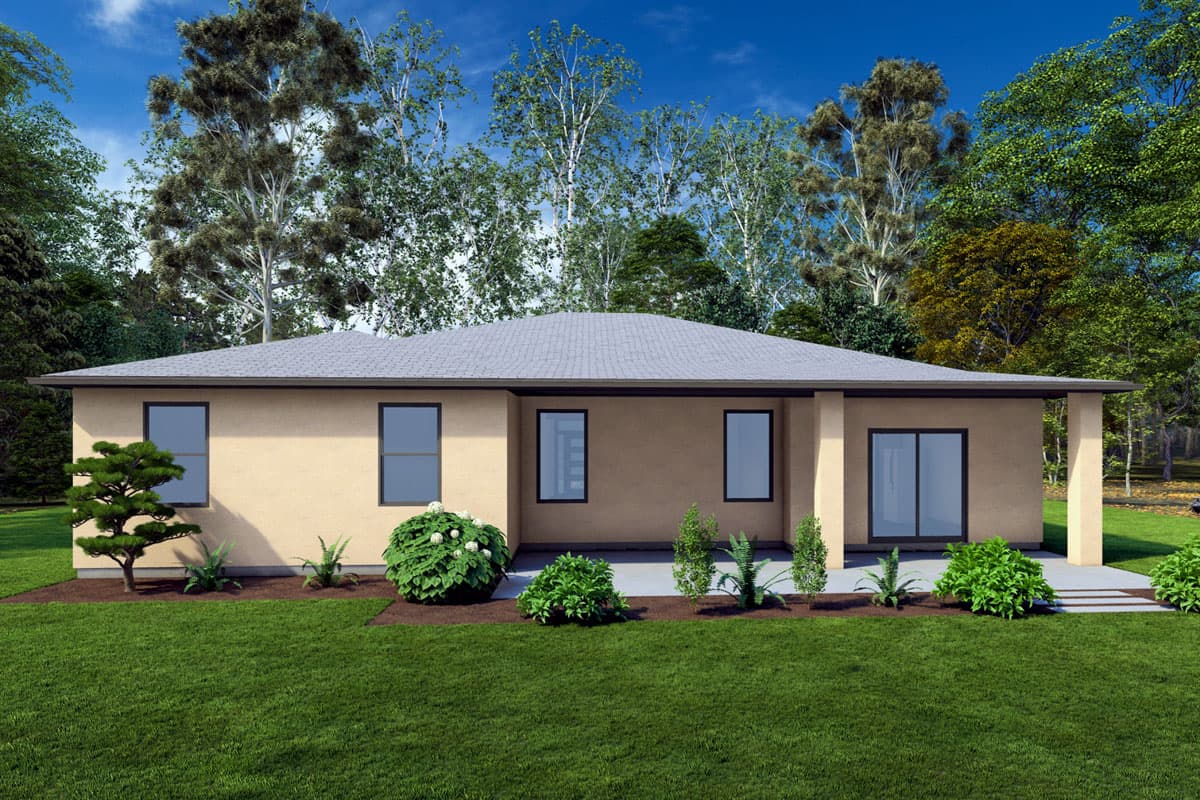 House plan exterior rendering of a one-story home with a hip roof, stucco siding, and an attached covered patio.