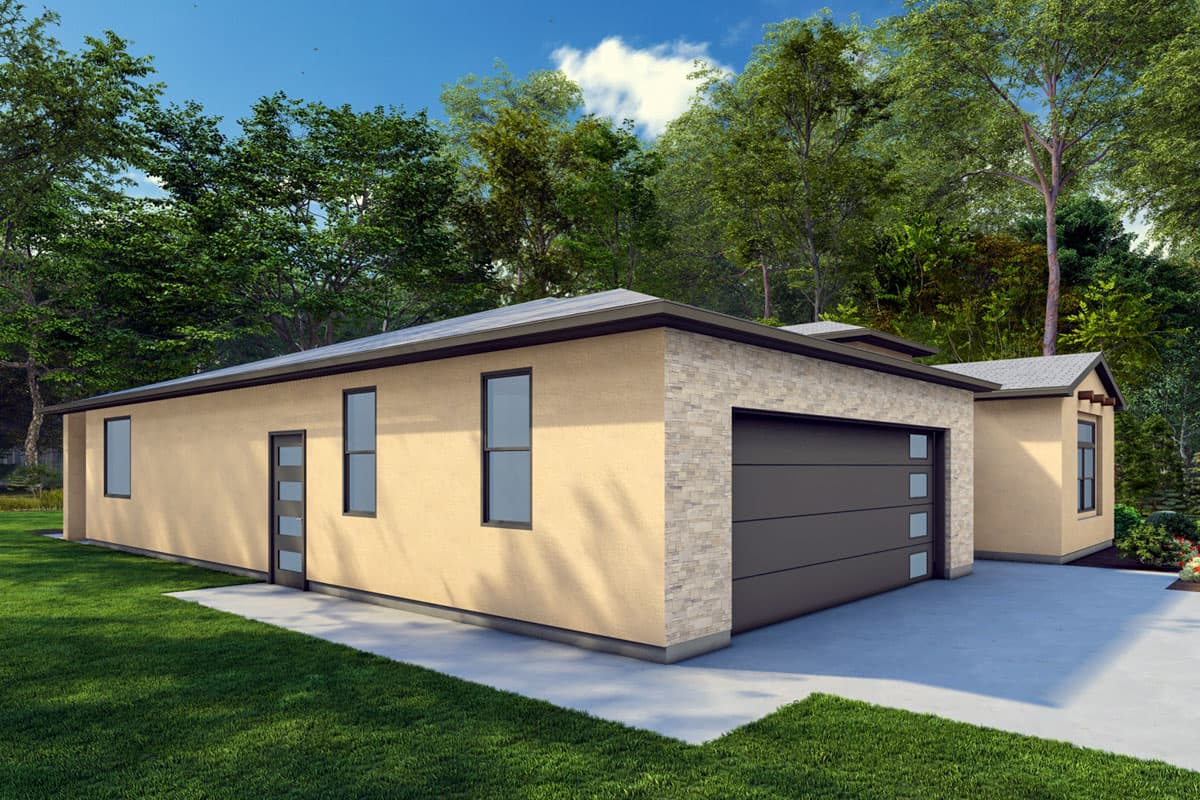 House plan exterior: Single-story Modern design with stucco and stone accents, featuring a detached garage and a modern entry door.