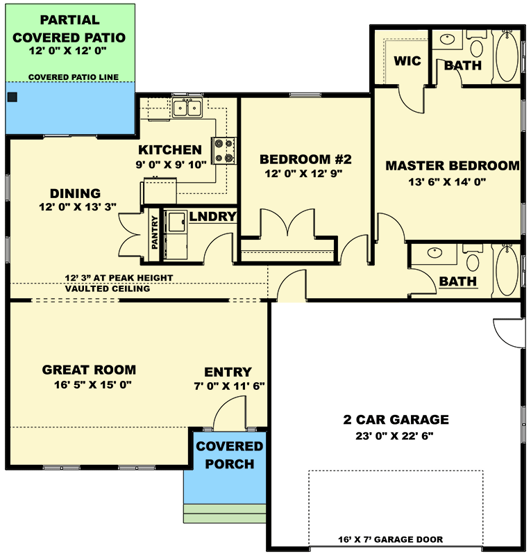 Plan 506015BRY: 2-Bed Traditional Country House Plan with Vaulted Great Room - 1316 Sq Ft - Floor Plan - Main Level - Country, Craftsman, Traditional