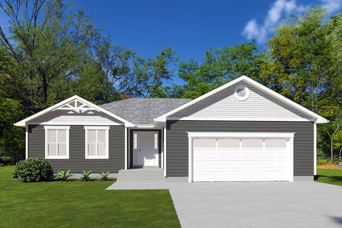 House plan exterior. Ranch style with a single story. Features include a front-facing garage, gable roof, and decorative truss detail over windows.