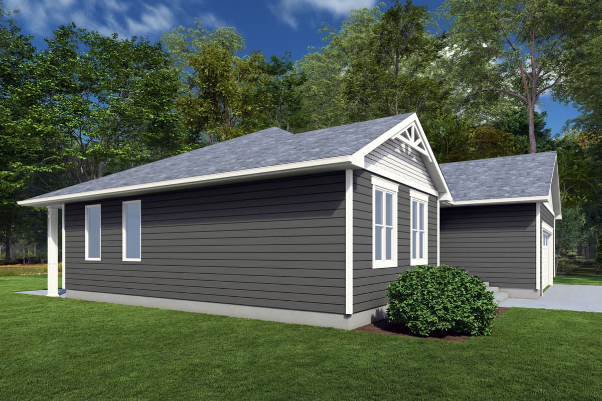 Ranch style house plan exterior with gable, white trim, and attached garage.