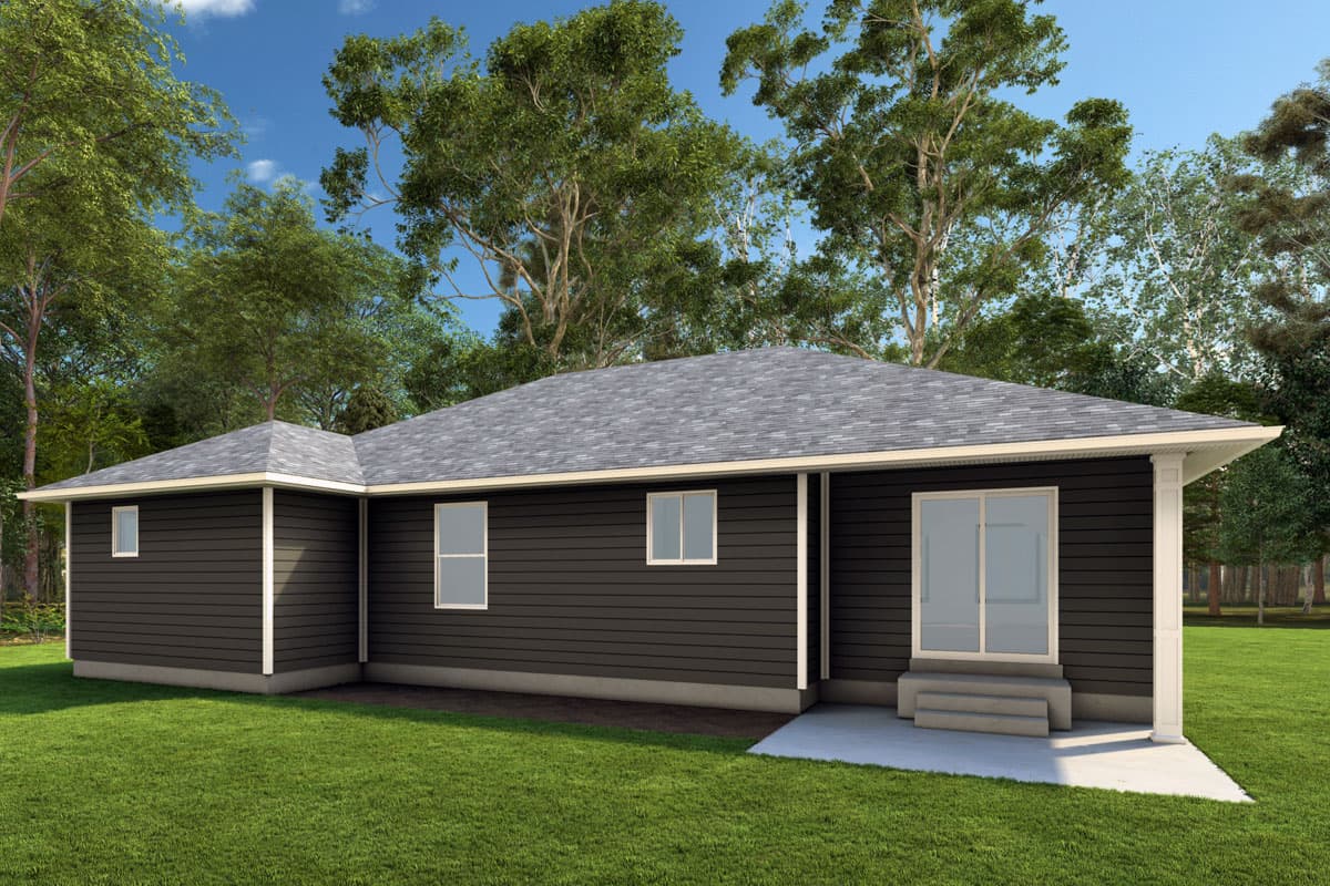 House plan exterior: single-story ranch with dark siding, white trim, asphalt roof, and sliding glass door entry.