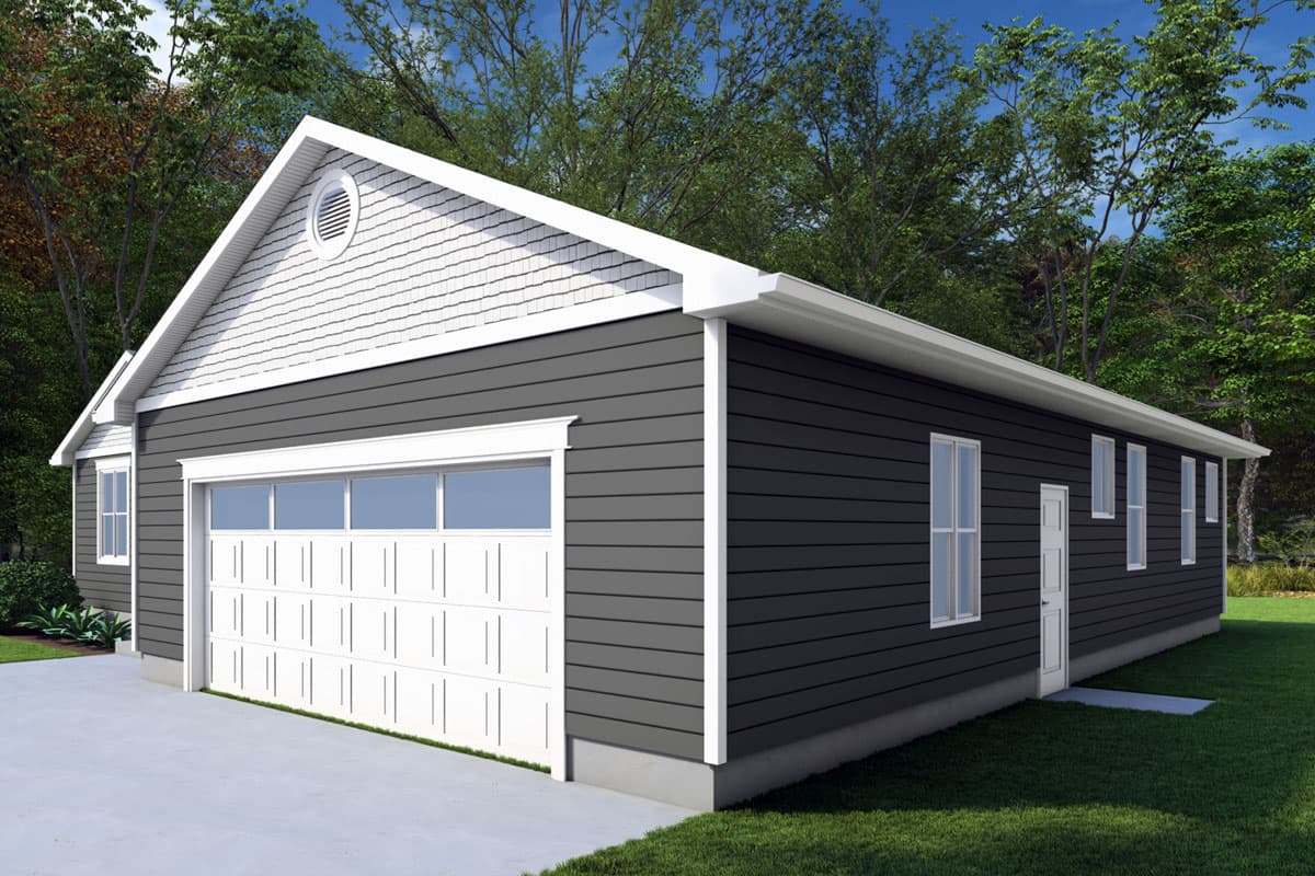 House plan exterior: one-story, horizontal siding, gable end with shingle siding, prominent garage door, and multiple windows.