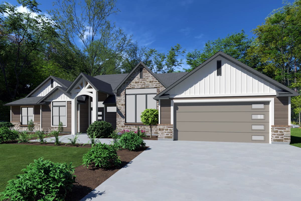 House plan exterior. Ranch style with stone accents. Features include gable rooflines, an arched entryway, and a side-entry garage.