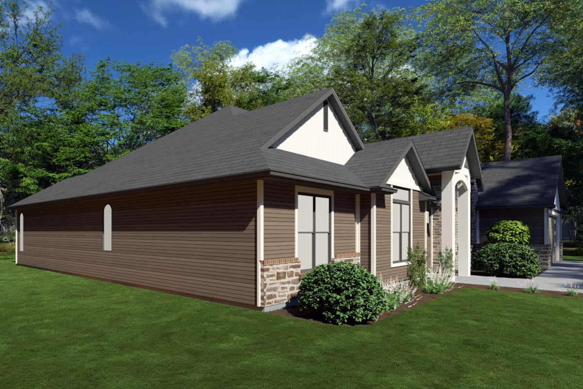 House plan exterior with horizontal siding, stone accents, arched entrance, gables, and dark asphalt roof.
