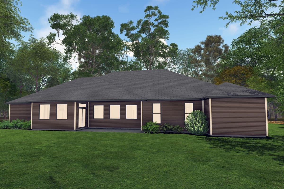 House plan exterior, single-story home with a dark-shingled roof, horizontal siding, and multiple windows.