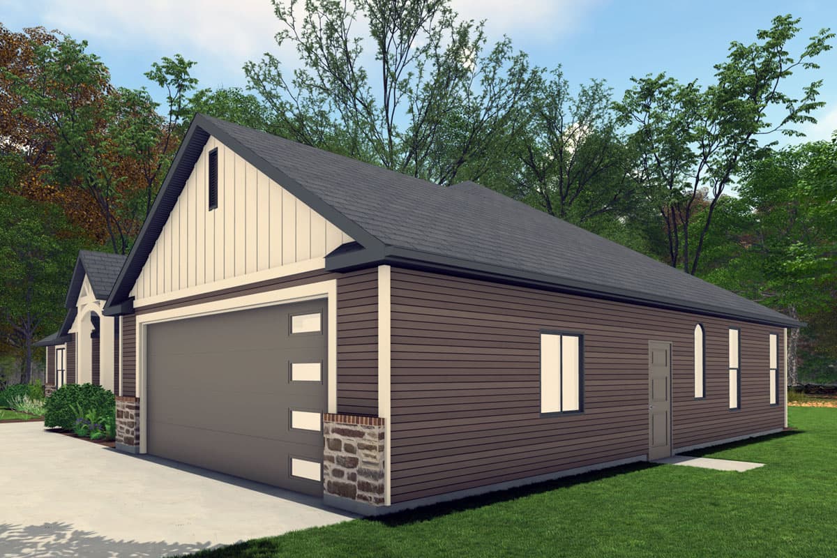 House plan exterior: Single-story, dark horizontal siding, prominent gable with vertical siding, large garage door, and stone accents.