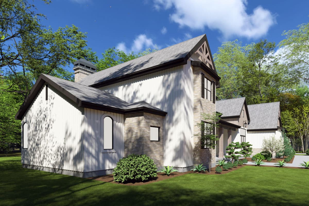 Modern Farmhouse house plan exterior with board-and-batten siding, stone accents, gable detailing, and arched windows.