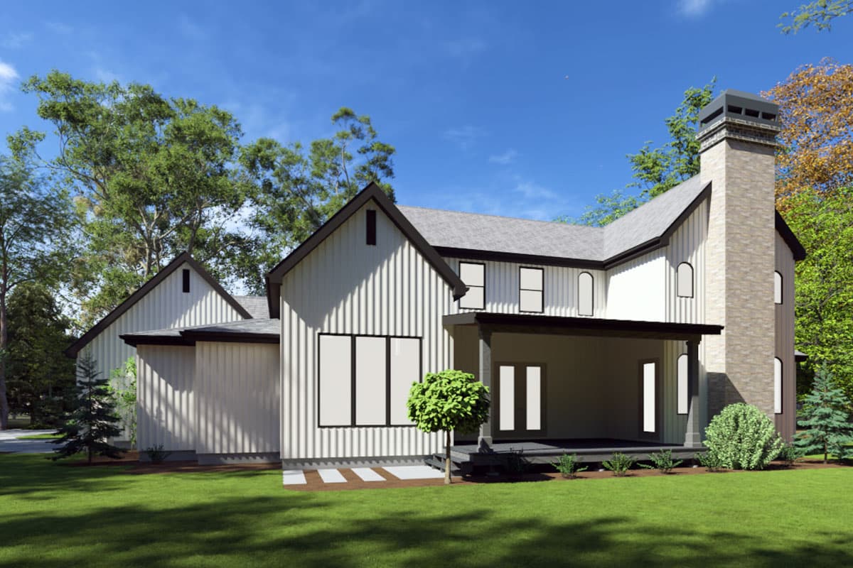 House plan exterior: Modern Farmhouse style, two stories, featuring vertical siding, gables, covered porch, and prominent brick chimney.