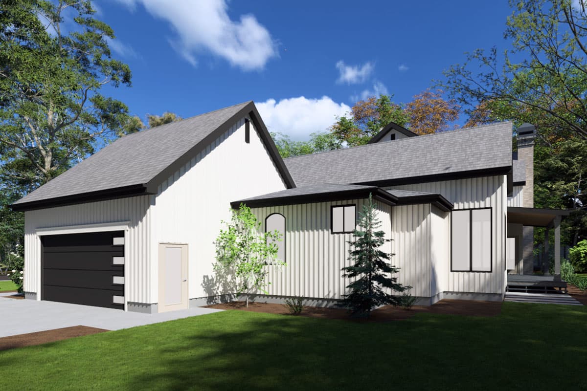 Modern Farmhouse house plan exterior with a side-entry garage, vertical siding, gabled rooflines, and a covered porch.