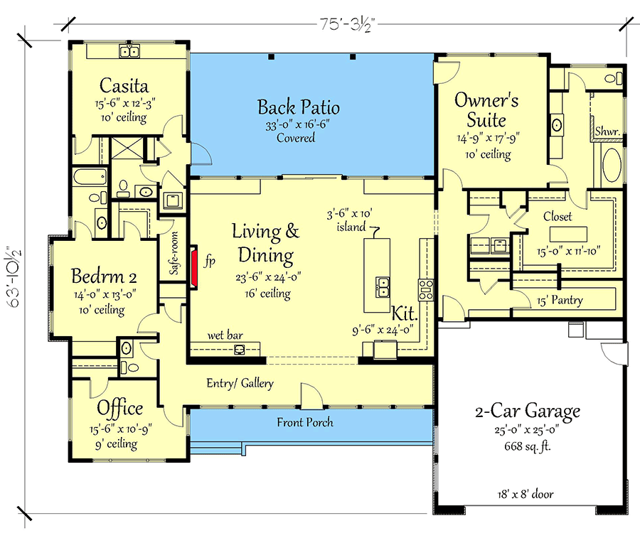 Plan 833029WAT: Single-Story Contemporary Ranch House Plan with 3-Beds and Attached Casita - 2931 Sq Ft - Floor Plan - Main Level - Contemporary, Northwest, Ranch, Southwest