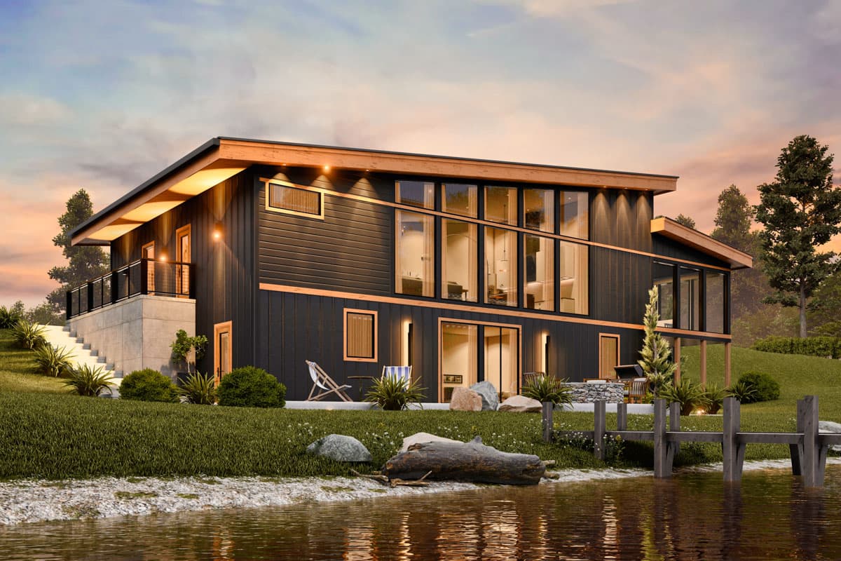 House plan exterior. Modern style, two-story home with a flat roof, large windows, and an elevated deck with a black railing.